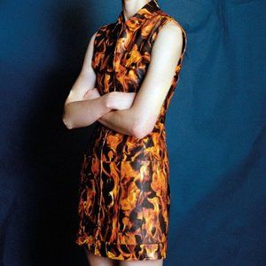 MARINE SERRE black leather flame print SS19 runway fire mini shirt dress S NEW